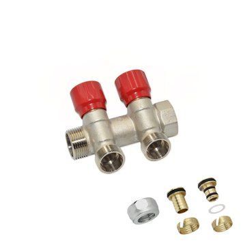 C322N01QR Коллектор угловой (с гайками) &Oslash;3/4&Prime; x 2 выхода x 24-19 (красные ручки) никель Carlo Poletti Srl 110540 фото