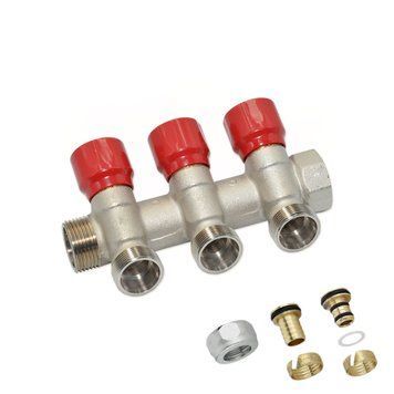C323N01QR Коллектор угловой (с гайками) &Oslash;3/4&Prime; x 3 выхода x 24-19 (красные ручки) никель Carlo Poletti Srl 110542 фото