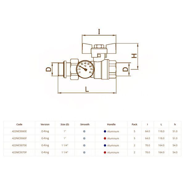 KIT422D000 Комплект прямых кранов коллектора с термометром &Oslash;1&Prime; BIANCHI F.LLI SPA 84768 фото