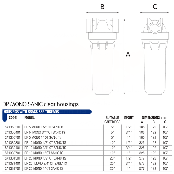 SA1380301 Фільтр-колба антимікробна DP MONO SANIC 1/2&Prime; OT (латунь) 10&Prime; 45&deg;C 8 bar KIT Atlas Filtri s.r.l. 104173 фото