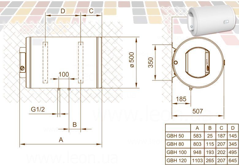 728466 Водонагрівач горизонтальний GBH 50V9 2 х 1,0 кВт 50 л 583 х 500 х 507 мм GORENJE 43976 фото