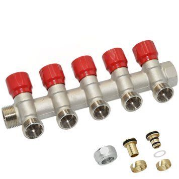 C325N01QR Коллектор угловой (с гайками) &Oslash;3/4&Prime; x 5 выходов x 24-19 (красные ручки) никель Carlo Poletti Srl 110546 фото