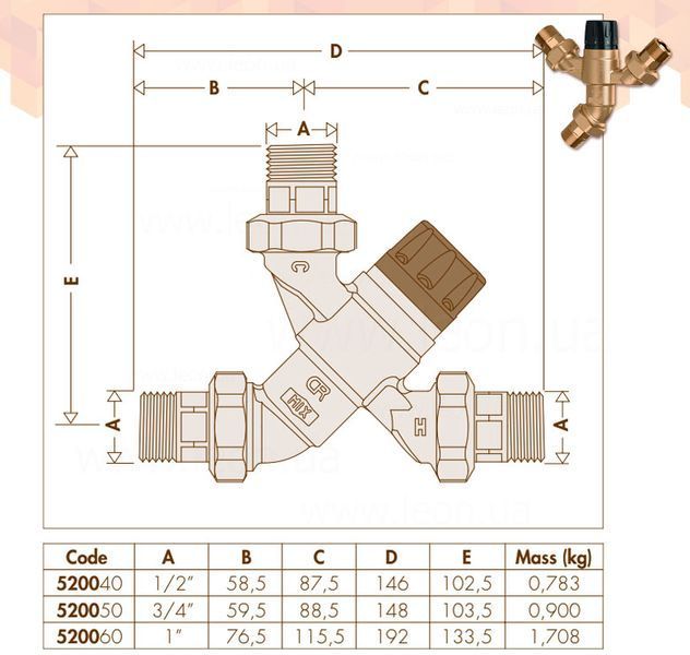 520060 Змішувач-термостат &Oslash;1&Prime; з налаштуванням 35&divide;65 &deg;C Kv=3,0 m&sup3;/h в комплекті зі зворотними клапанами Caleffi S.p.a. 53278 фото