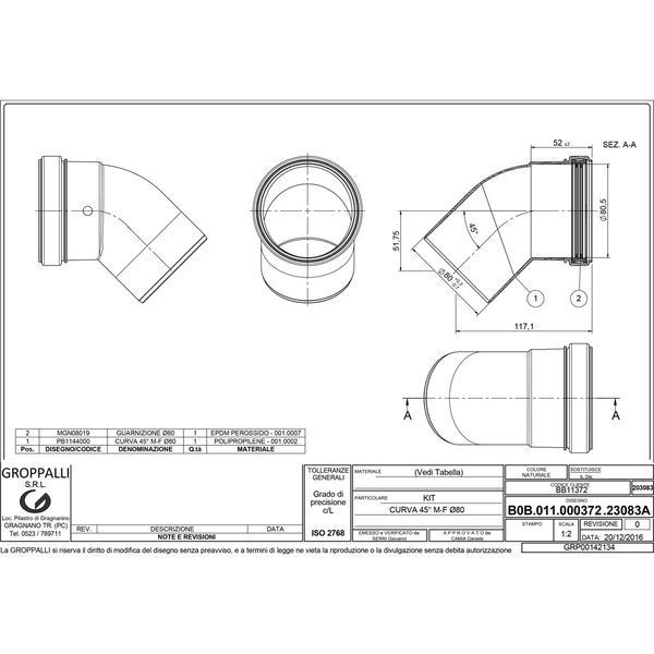BB11372 Колено для конденсационных котлов &Oslash;80 mm - 45&deg; GROPPALLI SRL 92003 фото