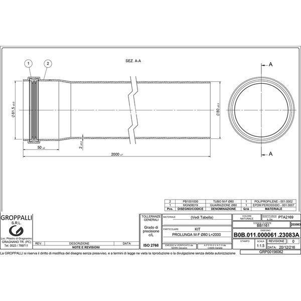 BB1161 Удлинитель с раструбом для конденсационных котлов &Oslash;80 - L=2000 mm GROPPALLI SRL 92017 фото