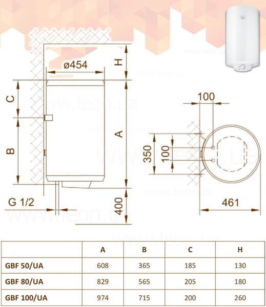294065 Водонагреватель GBF 50/RU 2 х 1,0 кВт 50 л 608 х 454 х 461 мм GORENJE 43973 фото