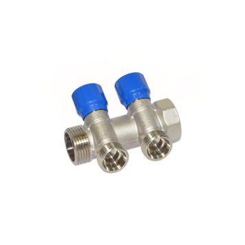 C322N12QB Угловой коллектор &Oslash;1&Prime; x 2 выхода x 3/4&Prime; EK (синие ручки) никель Carlo Poletti Srl 110501 фото