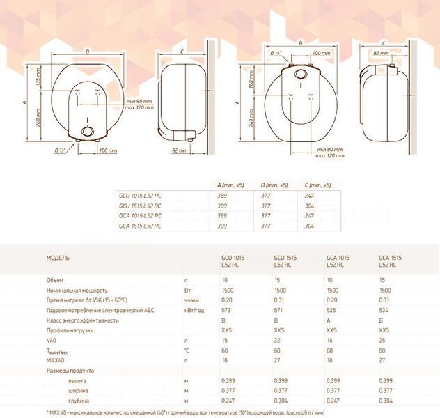 304141 Водонагрівач BILIGHT COMPACT GCU 1015 L52 RC 10 л верхнє підключення (під мийкою) 1,5 кВт 399 x 377 x 247 мм TESY OOD 99002 фото