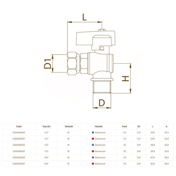 526004040F Кран кутовий &Oslash;1/2&Prime; З х 1/2&Prime; В з накидною гайкою (red/червоний) BIANCHI F.lli S.p.A. 84607 фото